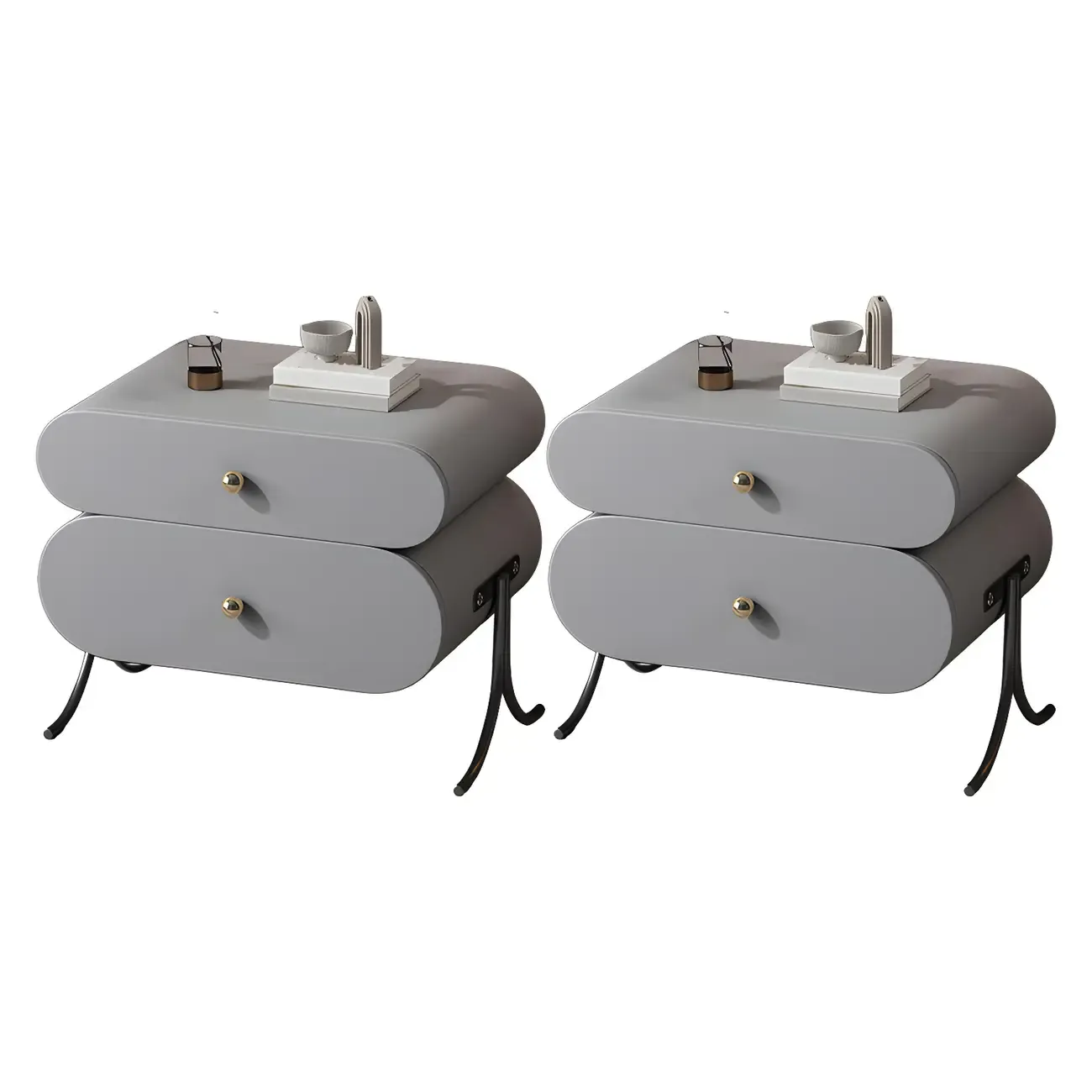 Contemporary Wood Faux Leather Rounded 2-Drawer Nightstand Image - 17