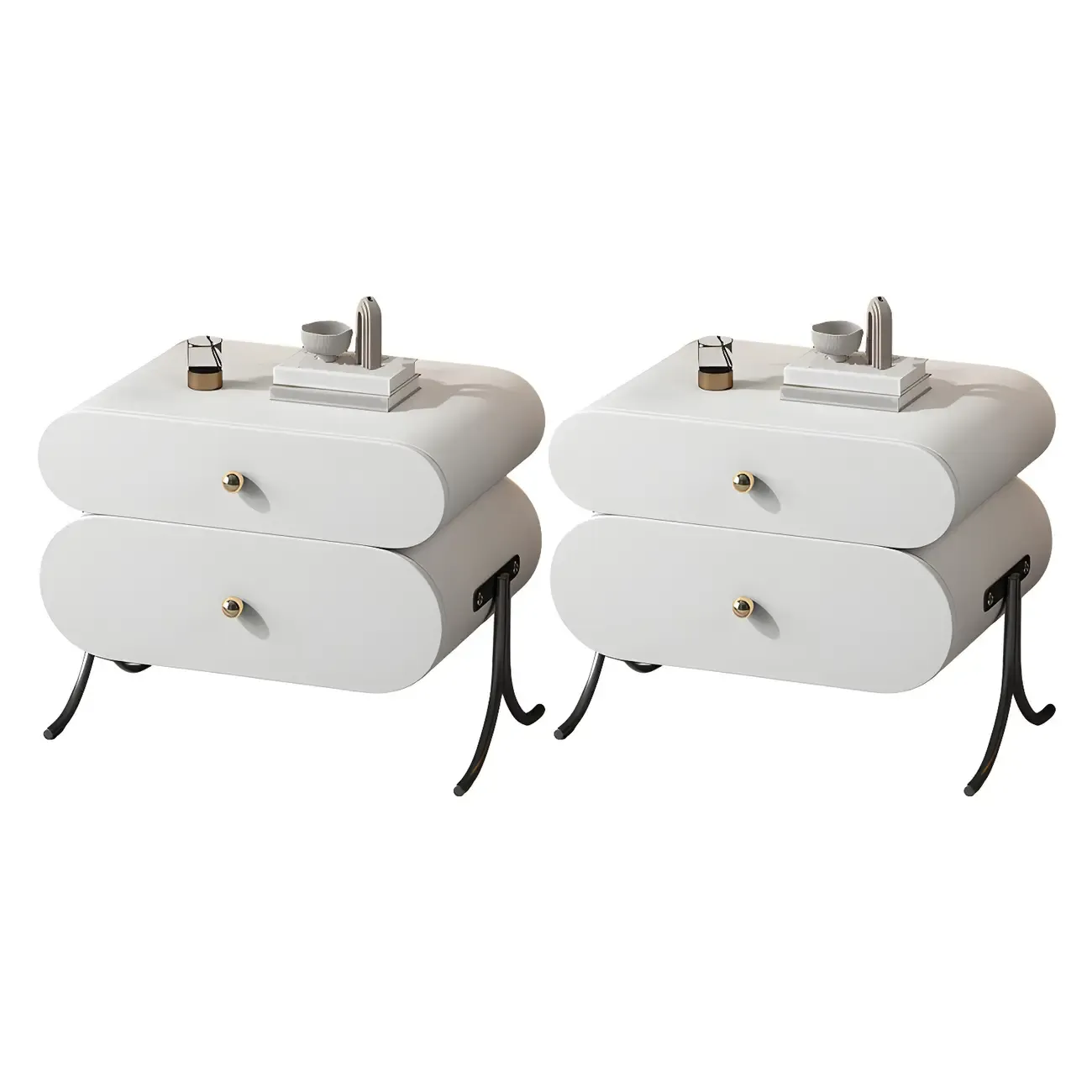 Contemporary Wood Faux Leather Rounded 2-Drawer Nightstand Image - 19