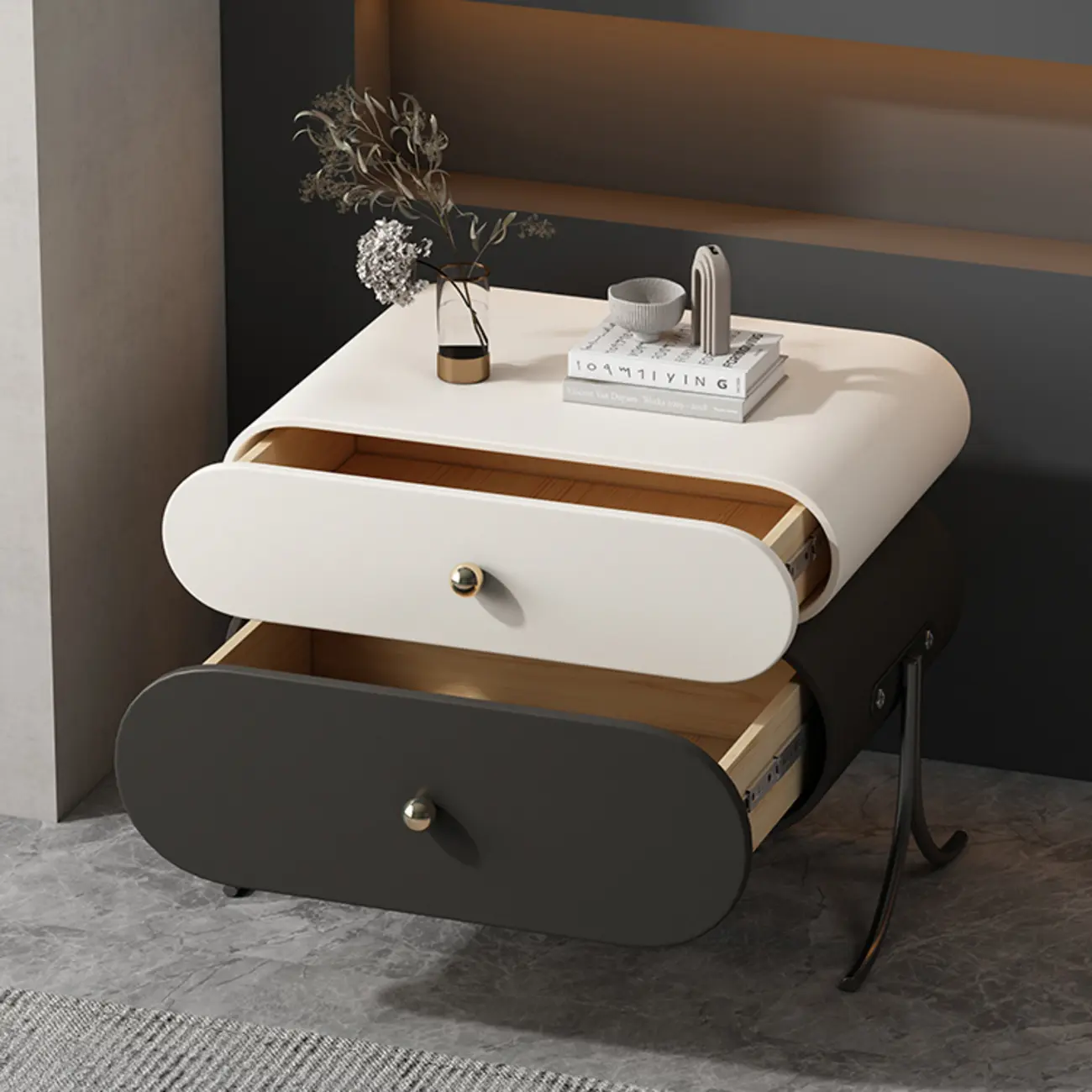 Contemporary Wood Faux Leather Rounded 2-Drawer Nightstand Image - 22 | homeyfad