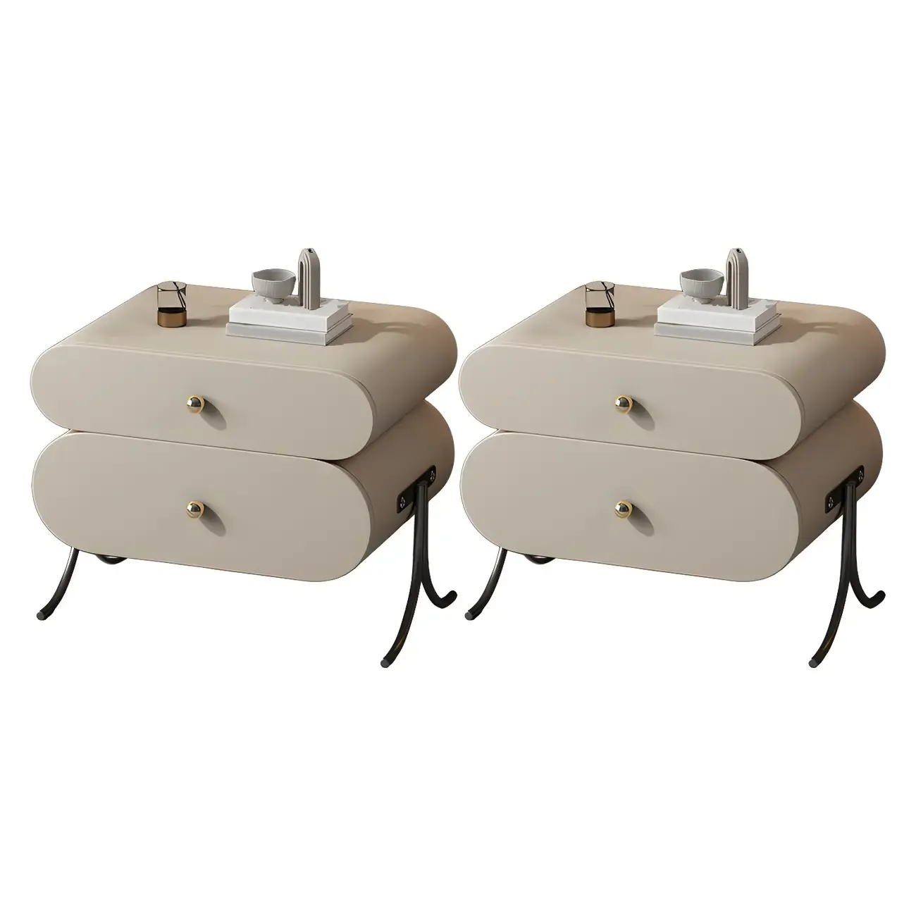 Contemporary Wood Faux Leather Rounded 2-Drawer Nightstand Image - 23