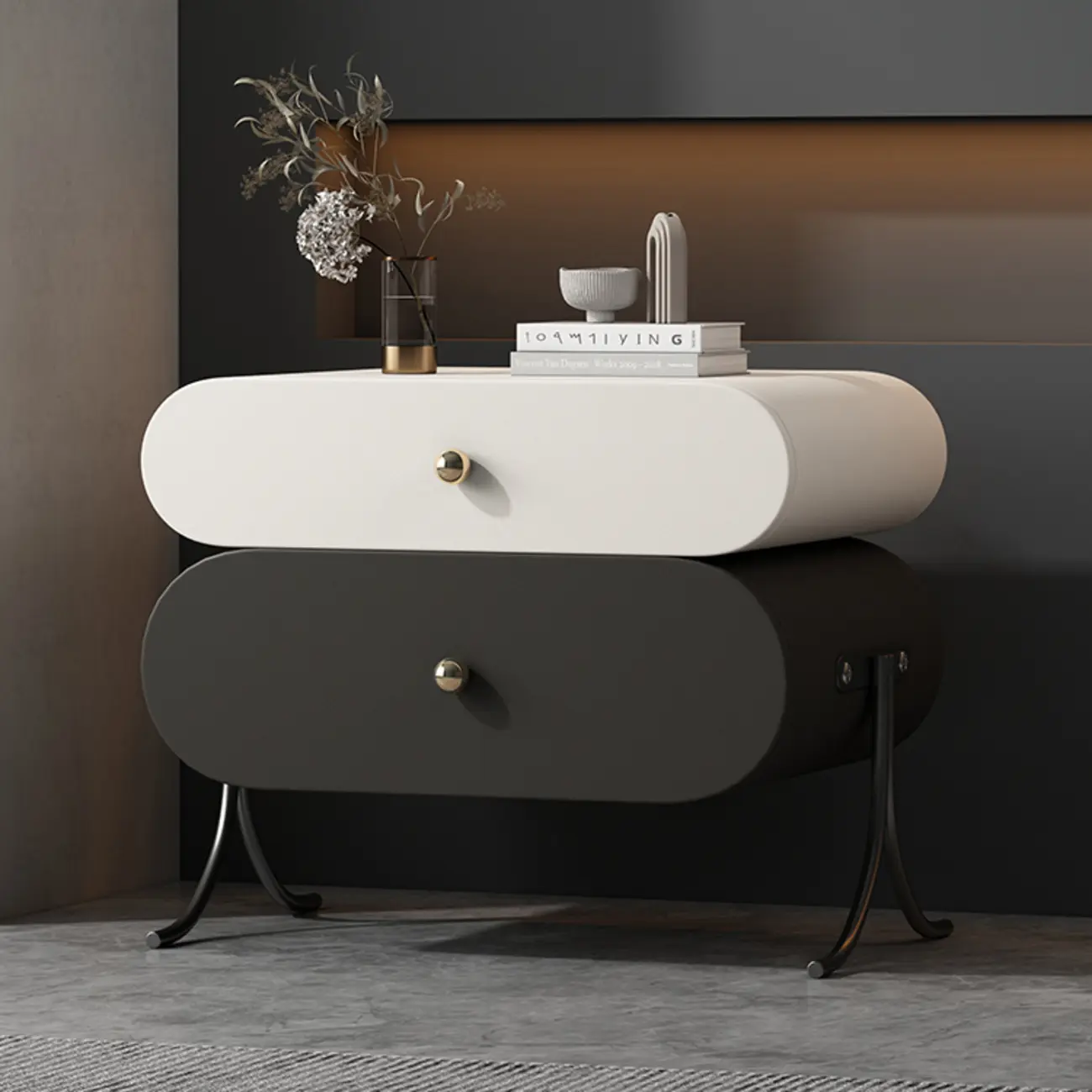 Contemporary Wood Faux Leather Rounded 2-Drawer Nightstand Image - 24 | homeyfad