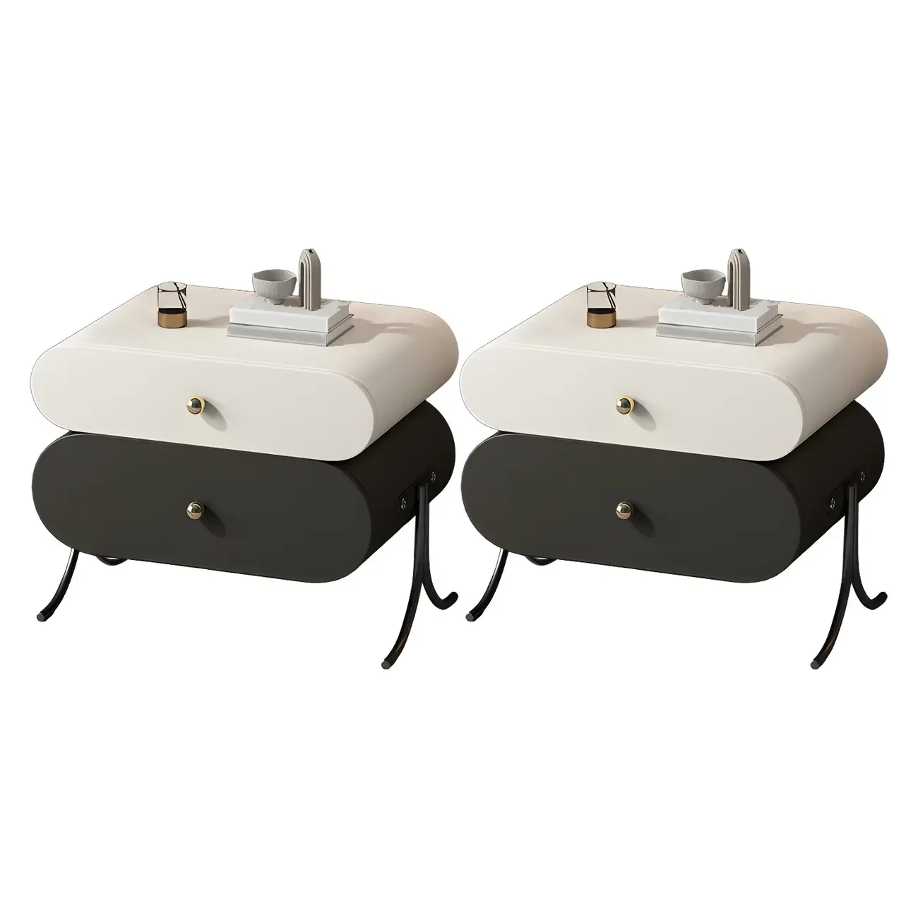 Contemporary Wood Faux Leather Rounded 2-Drawer Nightstand Image - 25