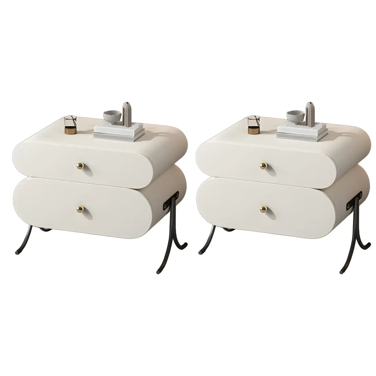 Contemporary Wood Faux Leather Rounded 2-Drawer Nightstand Image - 27