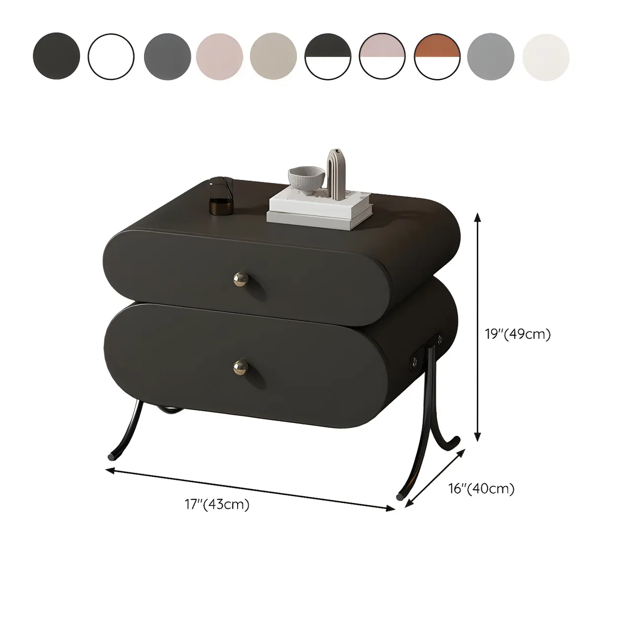 Contemporary Wood Faux Leather Rounded 2-Drawer Nightstand #size