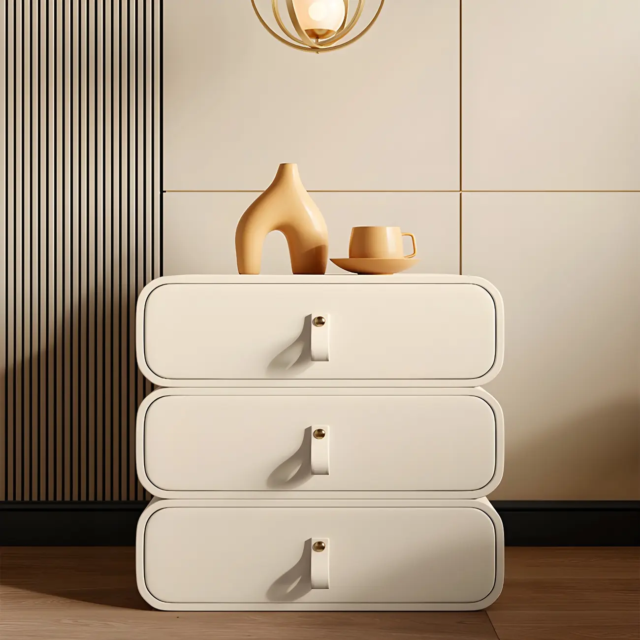 Sleek Solid Color Faux Leather Three-Tiers Drawers Nightstand Image - 1 | homeyfad