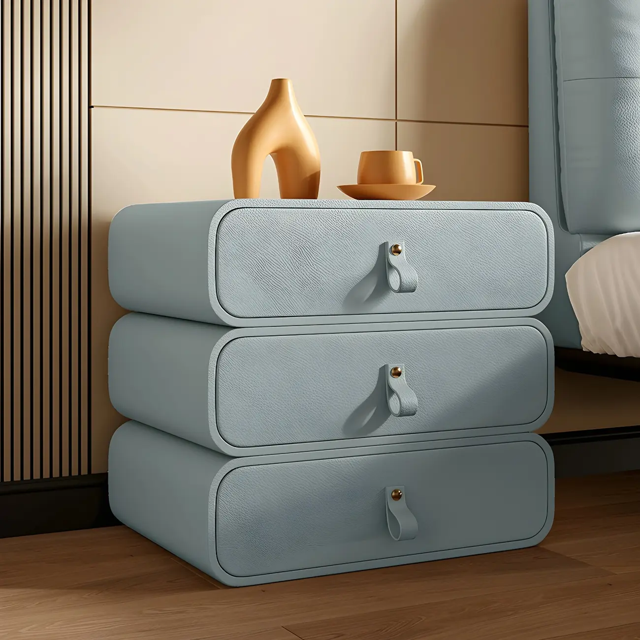 Sleek Solid Color Faux Leather Three-Tiers Drawers Nightstand Image - 2 | homeyfad