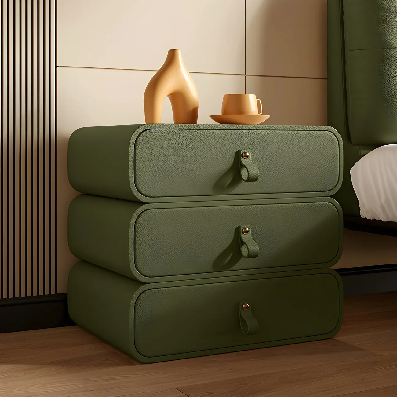 Sleek Solid Color Faux Leather Three-Tiers Drawers Nightstand Image - 3 | homeyfad