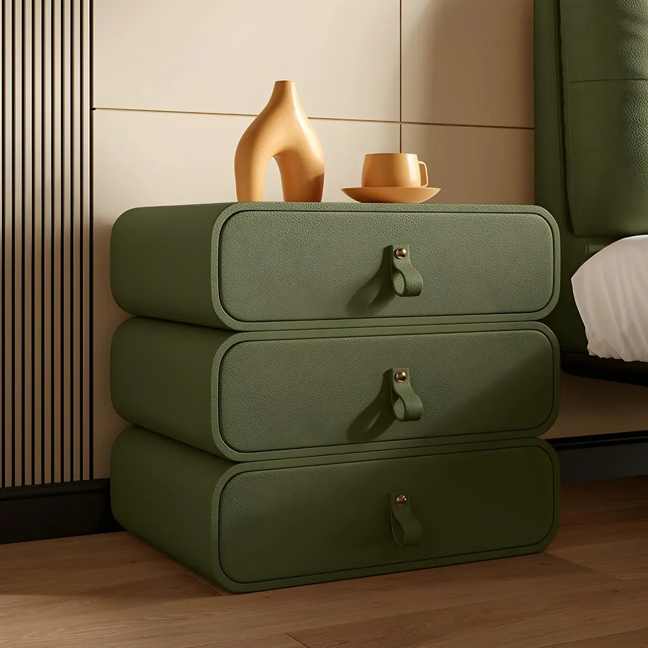 Sleek Solid Color Faux Leather Three-Tiers Drawers Nightstand Image - 3