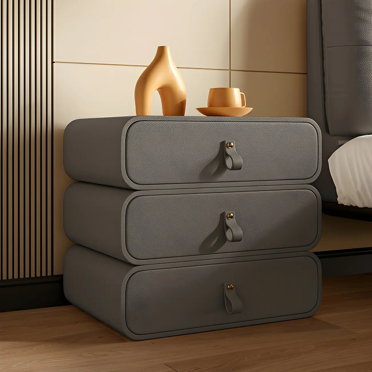 Sleek Solid Color Faux Leather Three-Tiers Drawers Nightstand Image - 4 | homeyfad