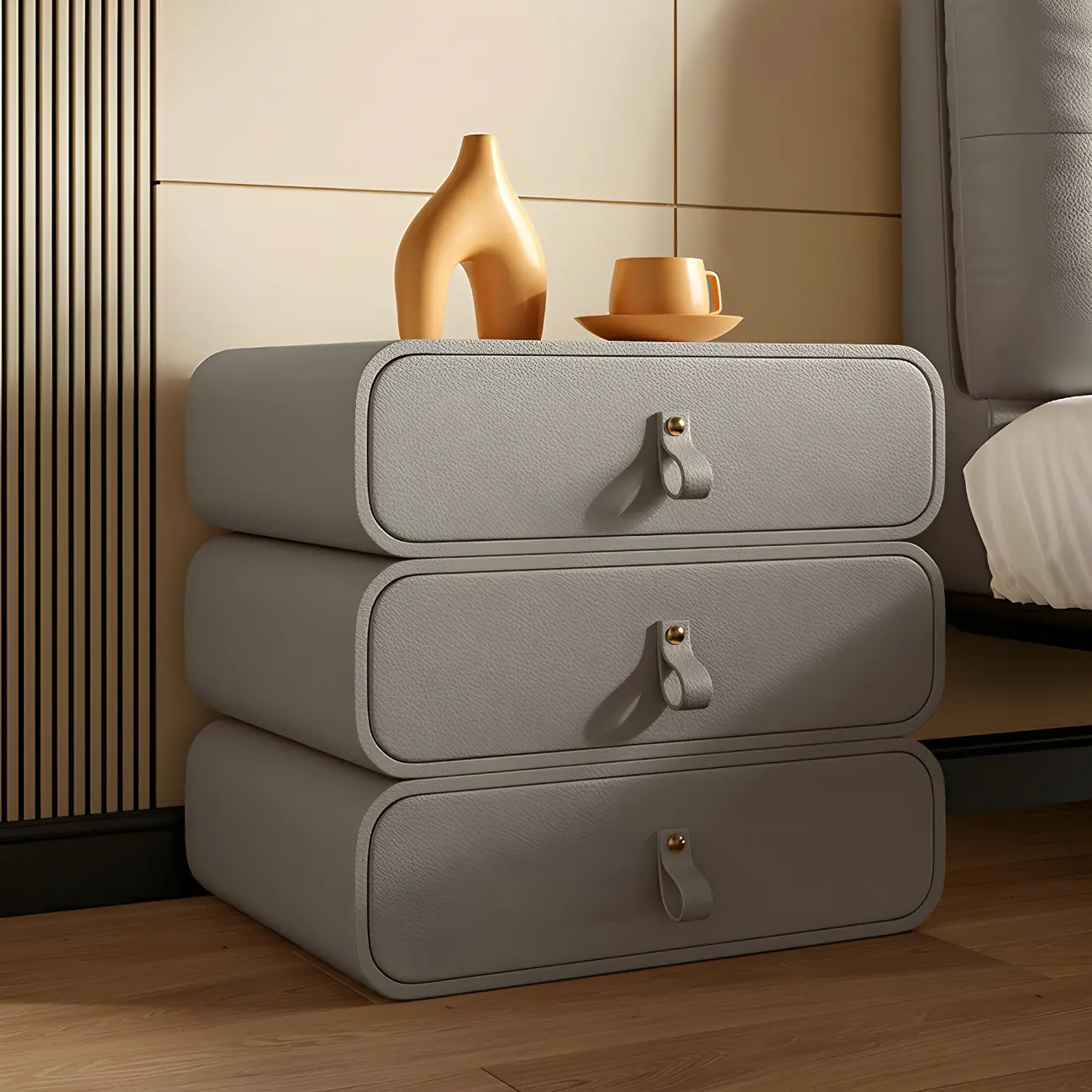 Sleek Solid Color Faux Leather Three-Tiers Drawers Nightstand Image - 5 | homeyfad