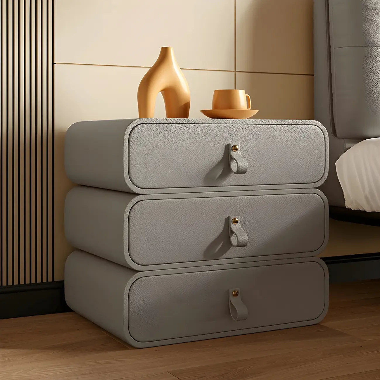 Sleek Solid Color Faux Leather Three-Tiers Drawers Nightstand Image - 5