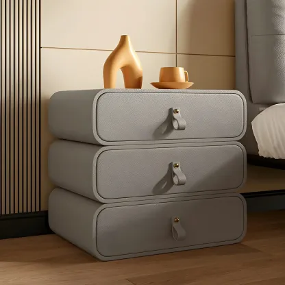 Sleek Solid Color Faux Leather Three-Tiers Drawers Nightstand Image - 5