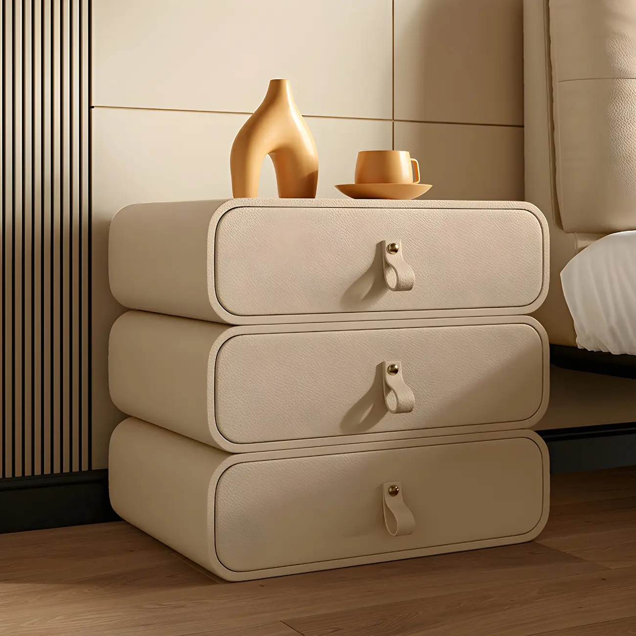 Sleek Solid Color Faux Leather Three-Tiers Drawers Nightstand Image - 6 | homeyfad