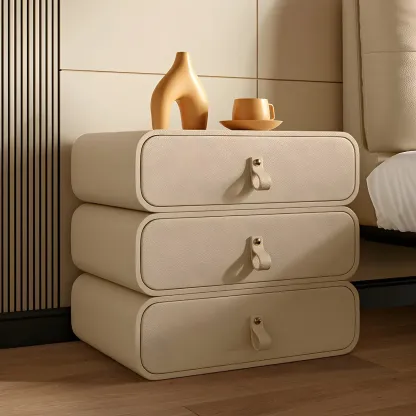 Sleek Solid Color Faux Leather Three-Tiers Drawers Nightstand Image - 6