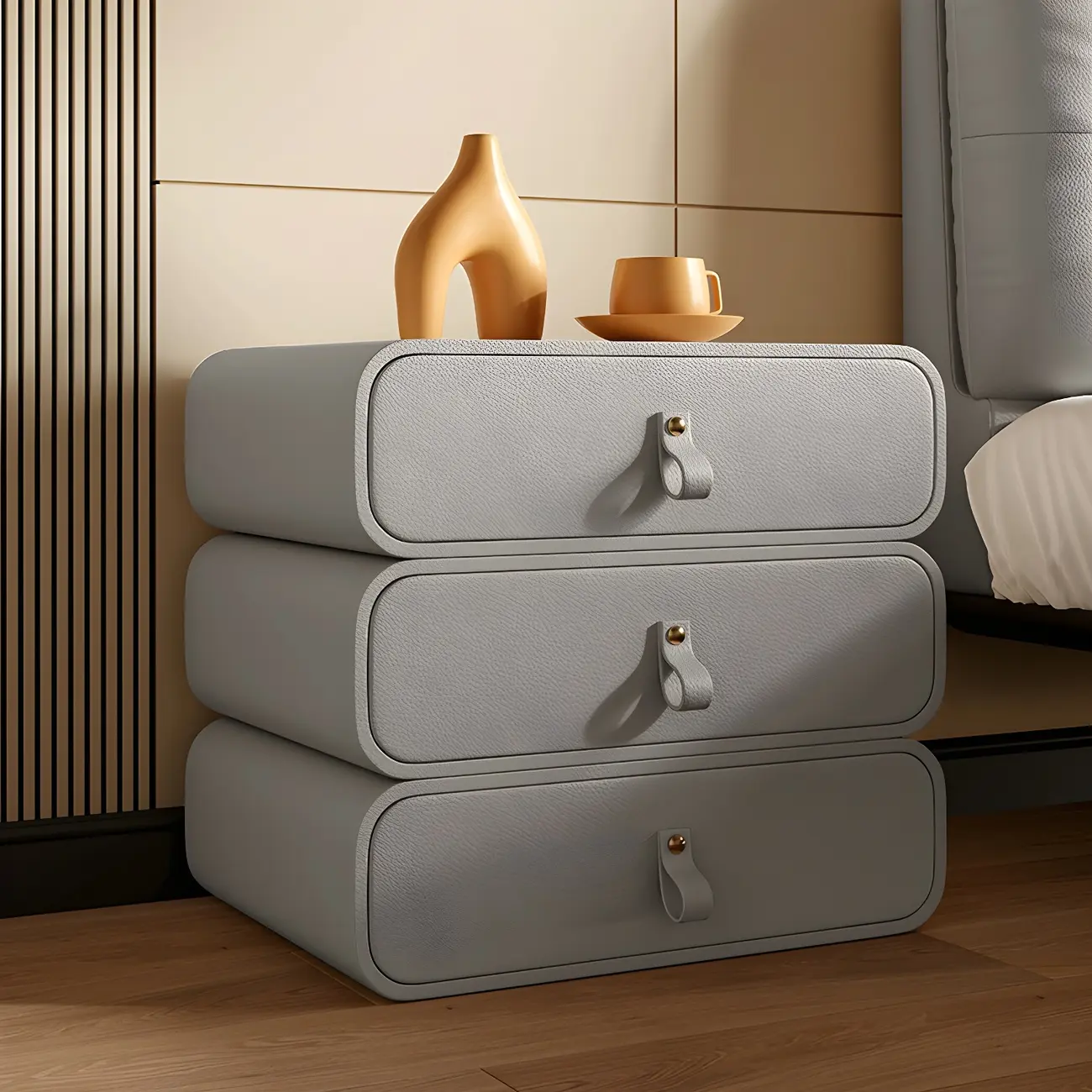 Sleek Solid Color Faux Leather Three-Tiers Drawers Nightstand Image - 7 | homeyfad