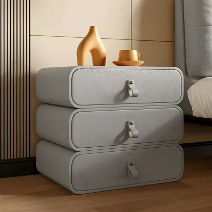 Sleek Solid Color Faux Leather Three-Tiers Drawers Nightstand Image - 7