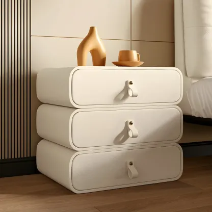 Sleek Solid Color Faux Leather Three-Tiers Drawers Nightstand Image - 8