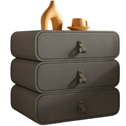 Sleek Solid Color Faux Leather Three-Tiers Drawers Nightstand Image - 9