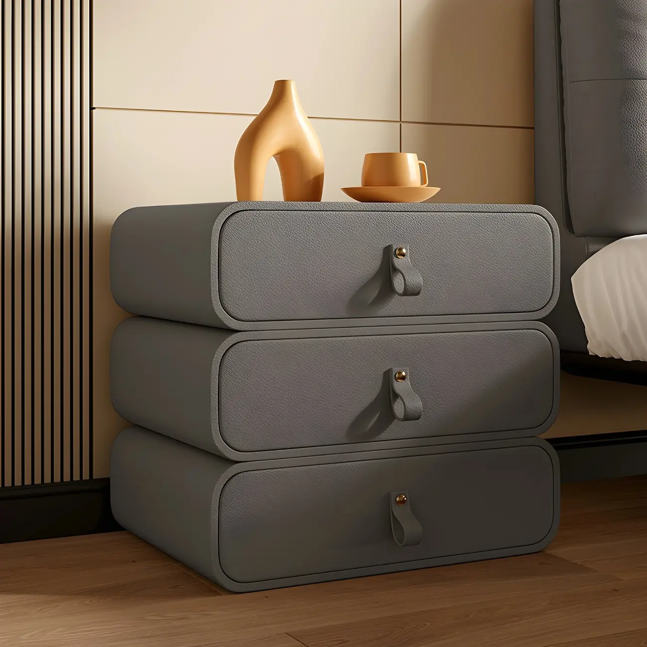 Sleek Solid Color Faux Leather Three-Tiers Drawers Nightstand Image - 10 | homeyfad