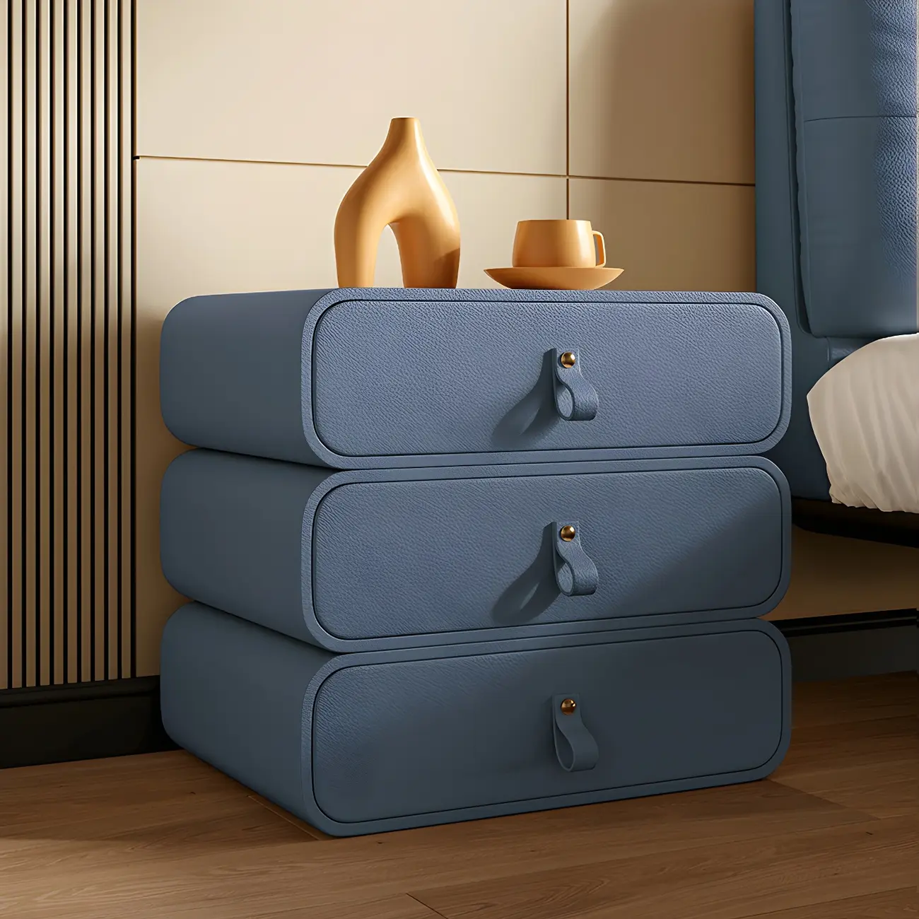 Sleek Solid Color Faux Leather Three-Tiers Drawers Nightstand Image - 11 | homeyfad