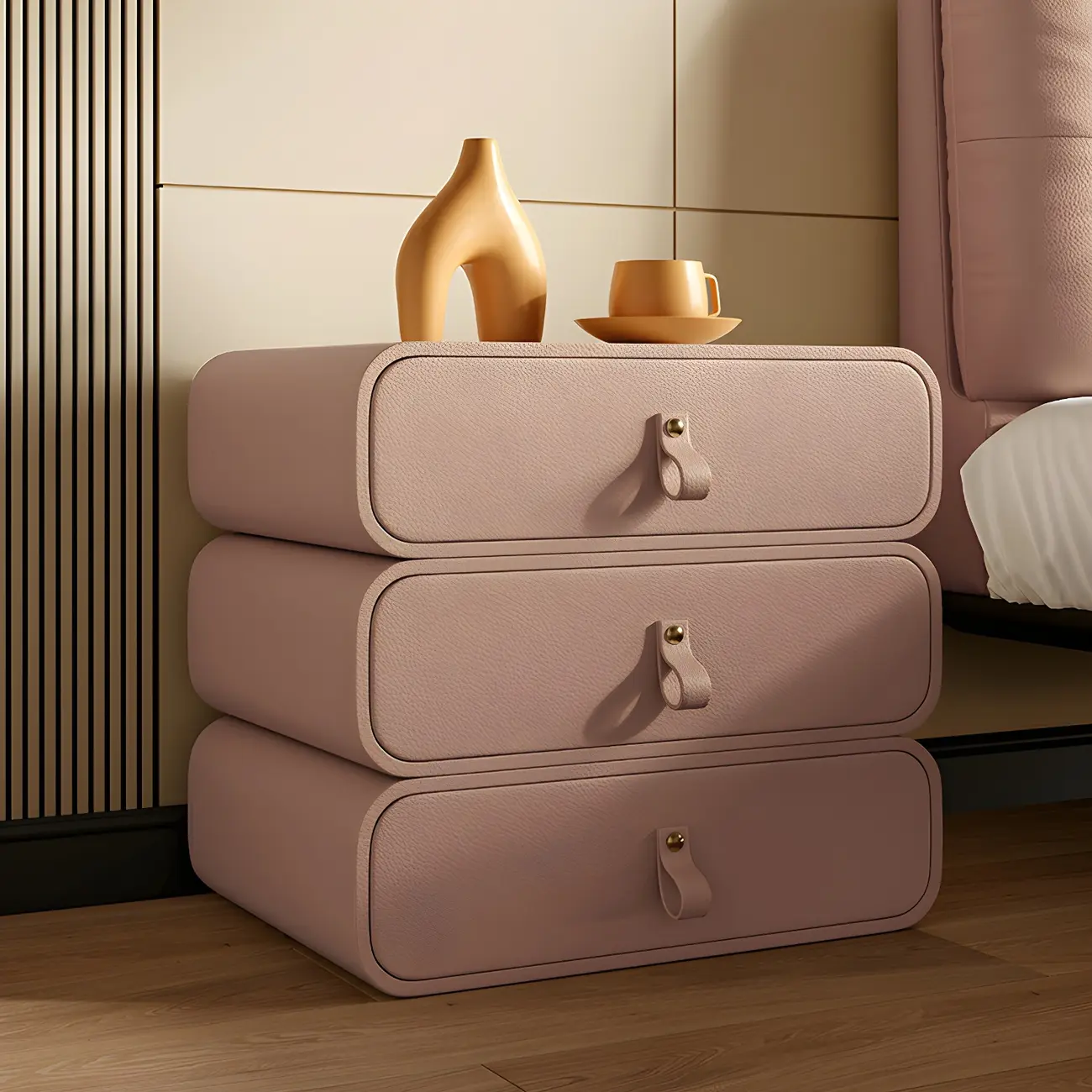 Sleek Solid Color Faux Leather Three-Tiers Drawers Nightstand Image - 12 | homeyfad