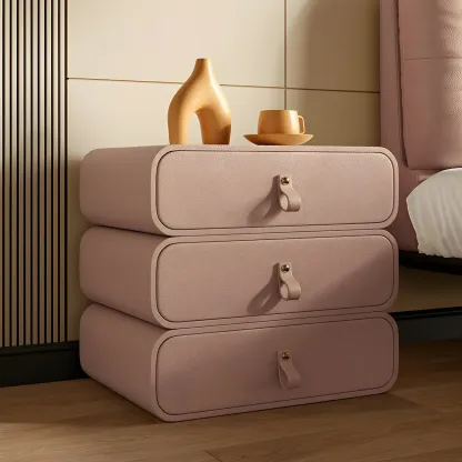 Sleek Solid Color Faux Leather Three-Tiers Drawers Nightstand Image - 12