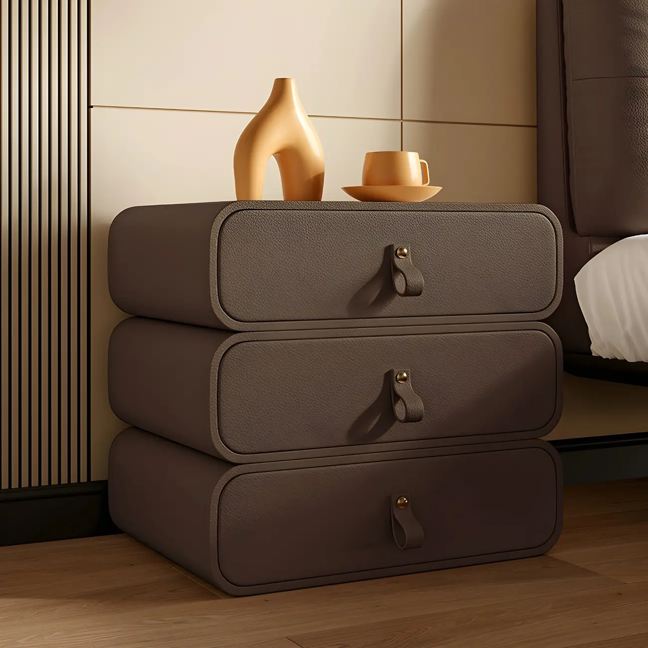 Sleek Solid Color Faux Leather Three-Tiers Drawers Nightstand Image - 13 | homeyfad