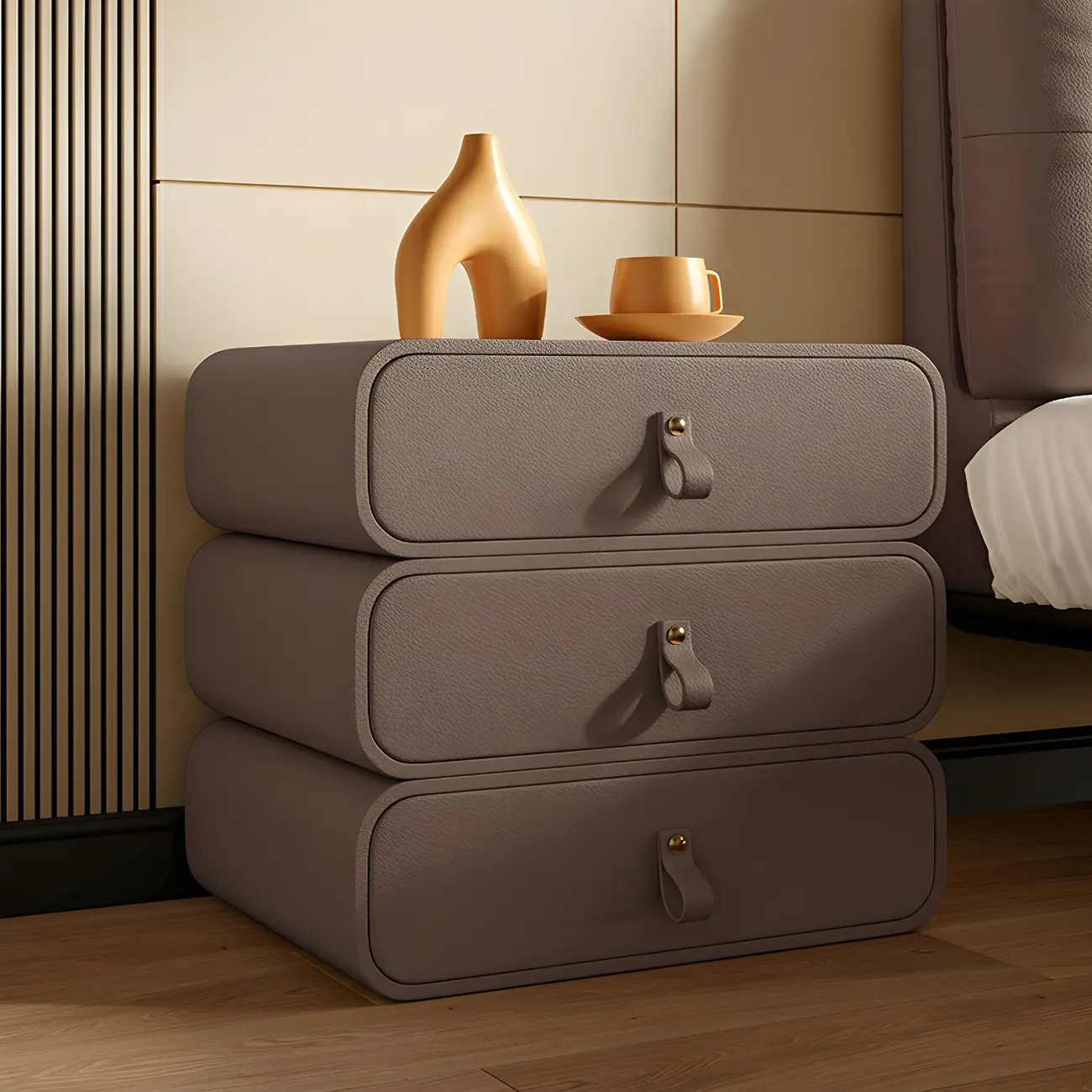 Sleek Solid Color Faux Leather Three-Tiers Drawers Nightstand Image - 16 | homeyfad