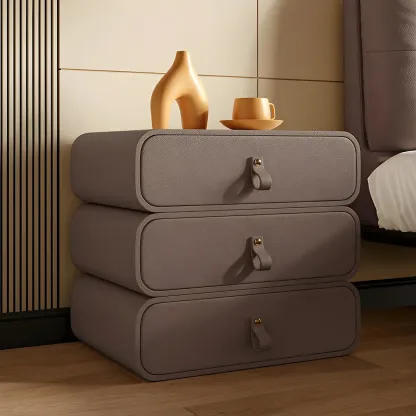 Sleek Solid Color Faux Leather Three-Tiers Drawers Nightstand Image - 16