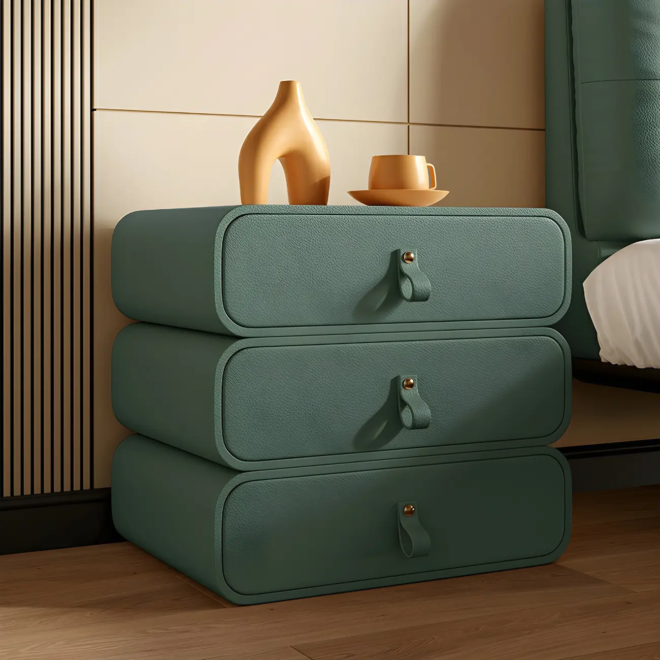 Sleek Solid Color Faux Leather Three-Tiers Drawers Nightstand Image - 17 | homeyfad