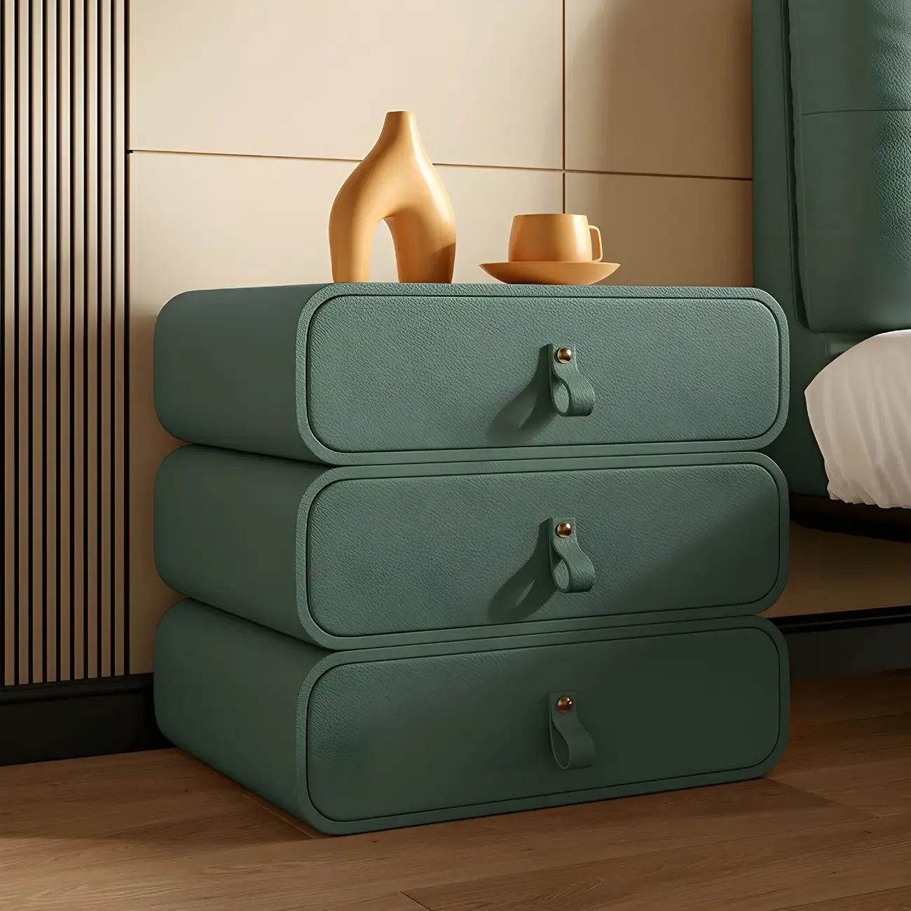 Sleek Solid Color Faux Leather Three-Tiers Drawers Nightstand Image - 17