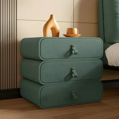 Sleek Solid Color Faux Leather Three-Tiers Drawers Nightstand Image - 17