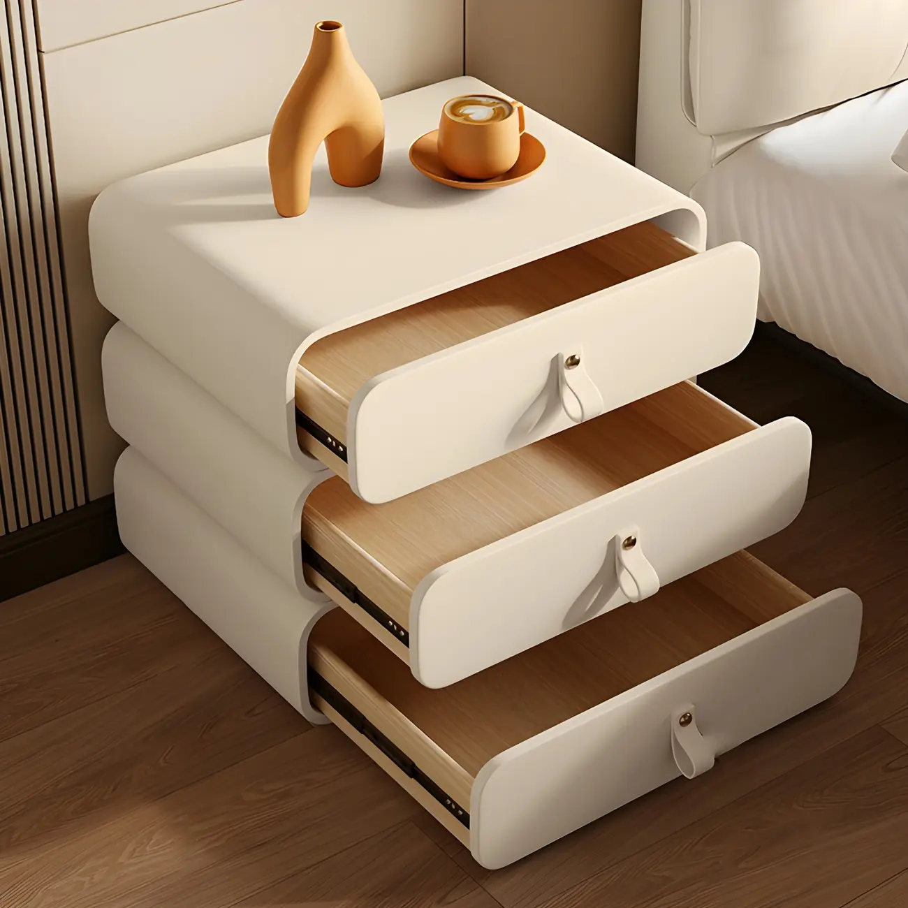 Sleek Solid Color Faux Leather Three-Tiers Drawers Nightstand Image - 18 | homeyfad