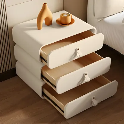 Sleek Solid Color Faux Leather Three-Tiers Drawers Nightstand Image - 18