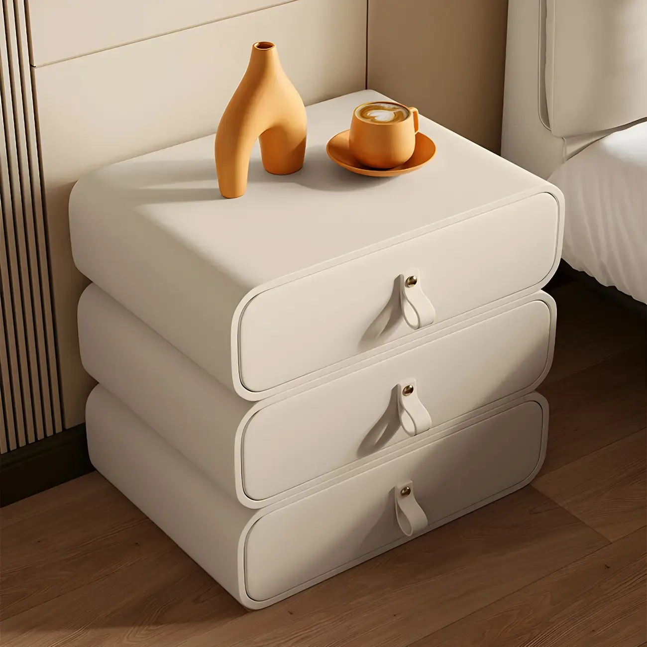 Sleek Solid Color Faux Leather Three-Tiers Drawers Nightstand Image - 19