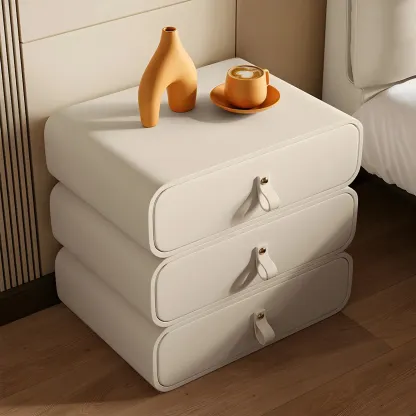 Sleek Solid Color Faux Leather Three-Tiers Drawers Nightstand Image - 19