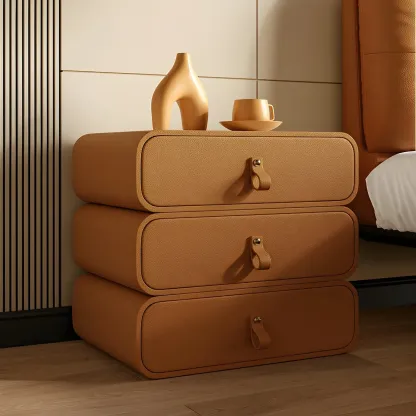 Sleek Solid Color Faux Leather Three-Tiers Drawers Nightstand Image - 20