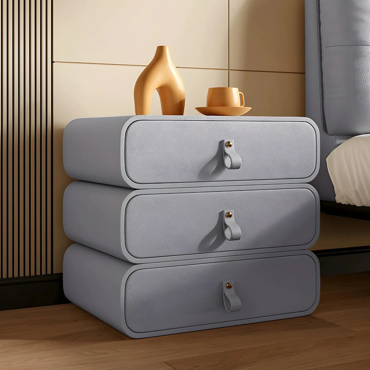Sleek Solid Color Faux Leather Three-Tiers Drawers Nightstand Image - 22 | homeyfad