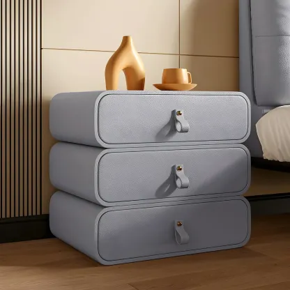 Sleek Solid Color Faux Leather Three-Tiers Drawers Nightstand Image - 22