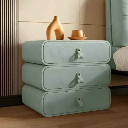 Sleek Solid Color Faux Leather Three-Tiers Drawers Nightstand Image - 23