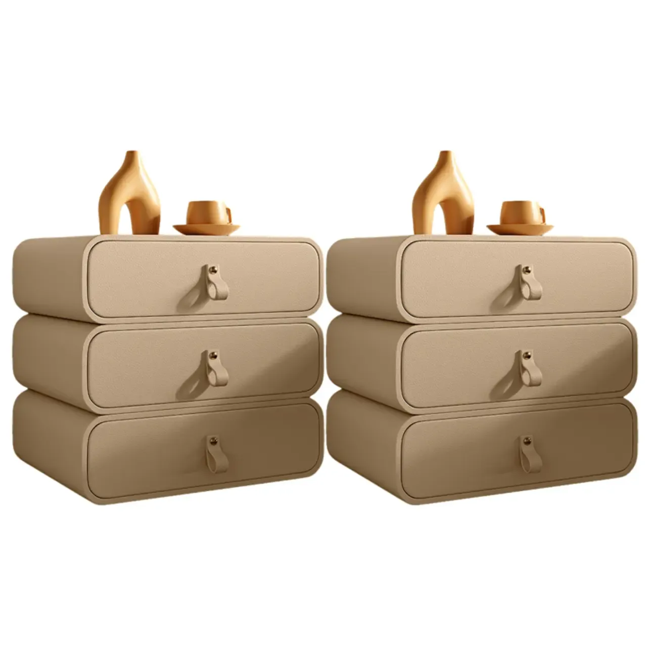 Sleek Solid Color Faux Leather Three-Tiers Drawers Nightstand Image - 30