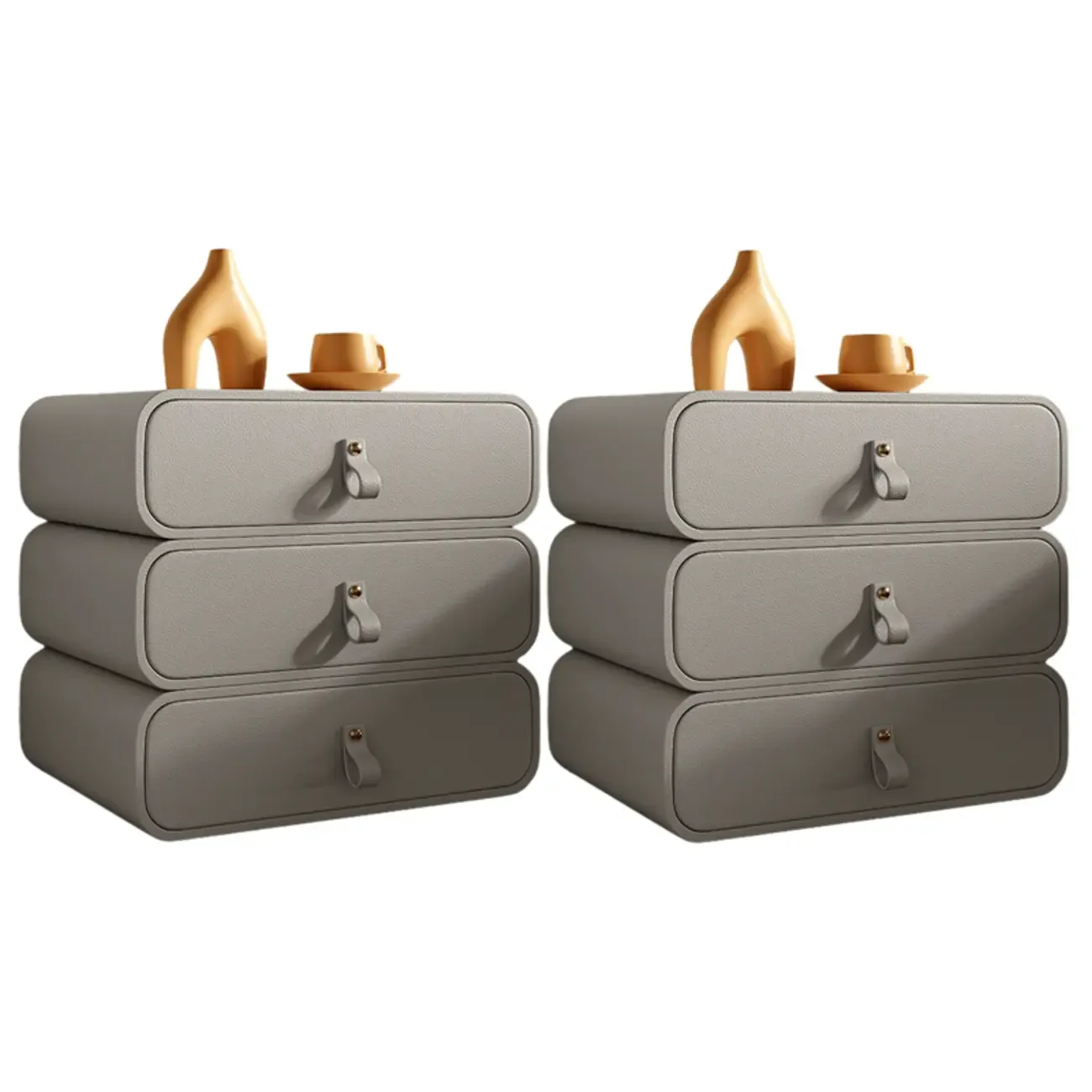 Sleek Solid Color Faux Leather Three-Tiers Drawers Nightstand Image - 31