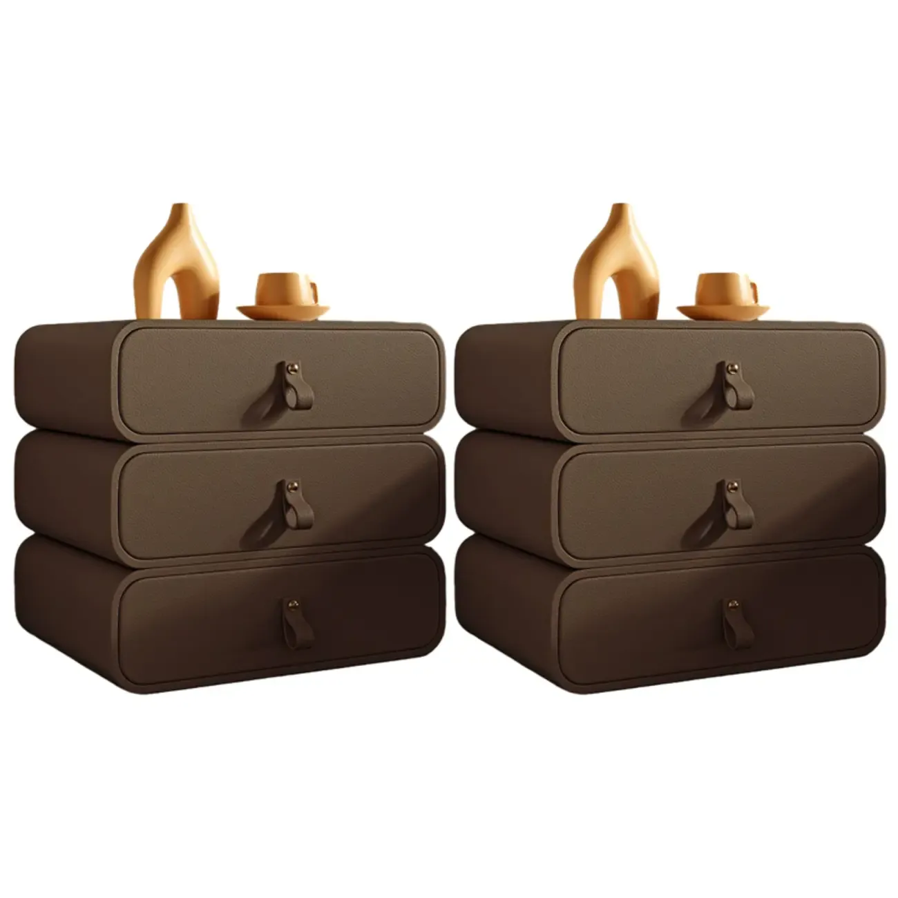 Sleek Solid Color Faux Leather Three-Tiers Drawers Nightstand Image - 34