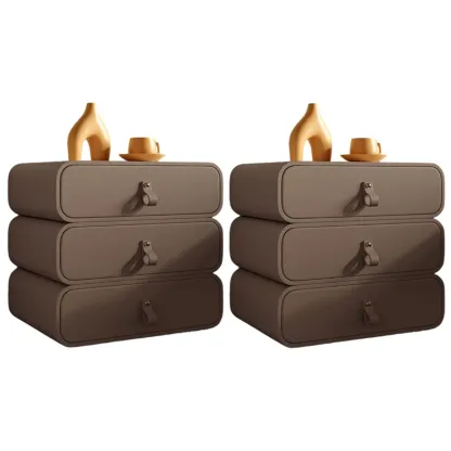Sleek Solid Color Faux Leather Three-Tiers Drawers Nightstand Image - 35
