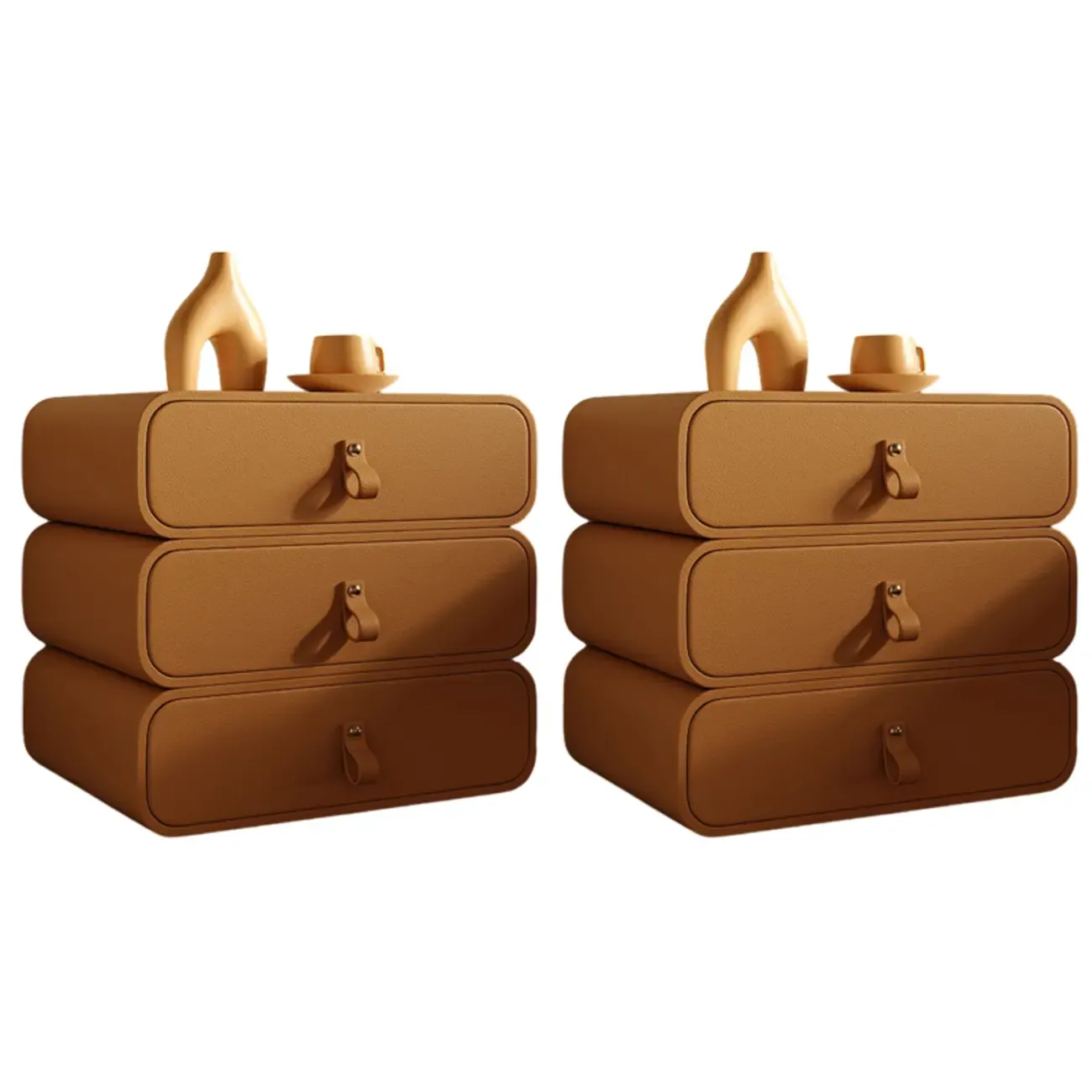 Sleek Solid Color Faux Leather Three-Tiers Drawers Nightstand Image - 37