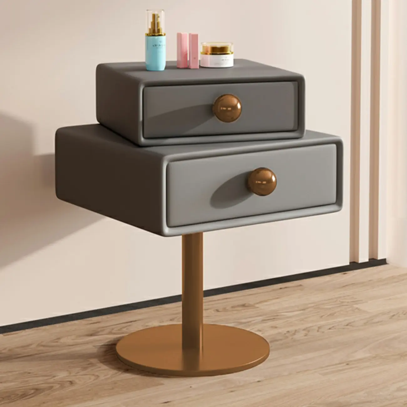 Narrow Faux Leather Swivel Drawer Nightstand for Bedroom Image - 2 | homeyfad