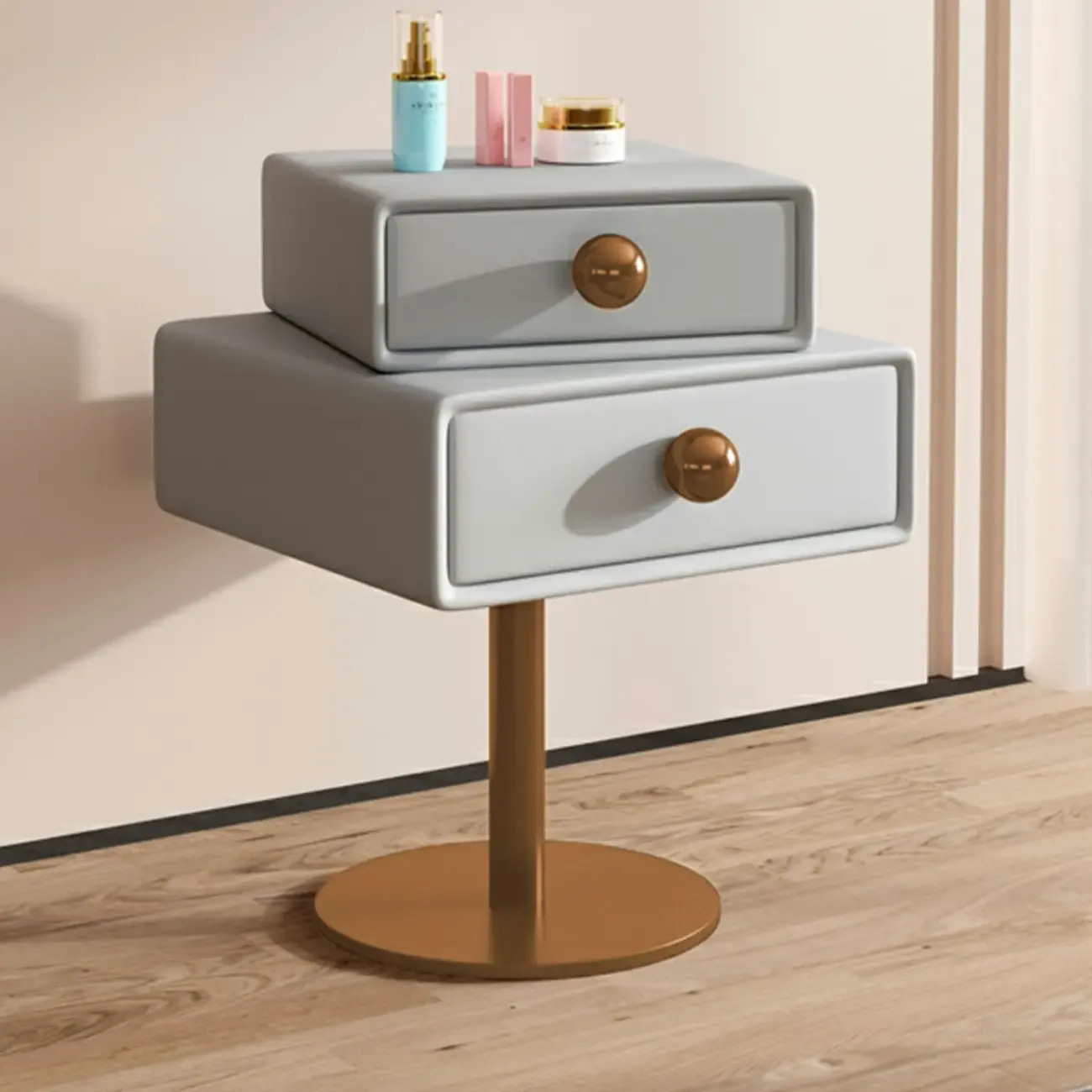 Narrow Faux Leather Swivel Drawer Nightstand for Bedroom Image - 5