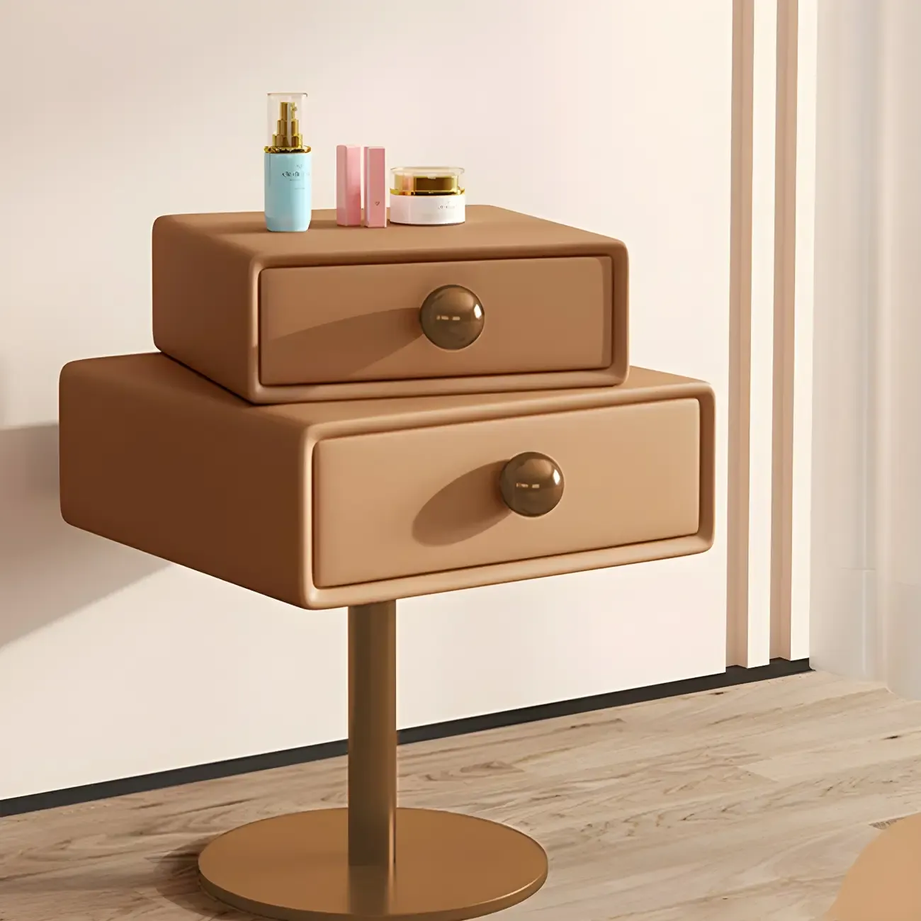 Narrow Faux Leather Swivel Drawer Nightstand for Bedroom Image - 8