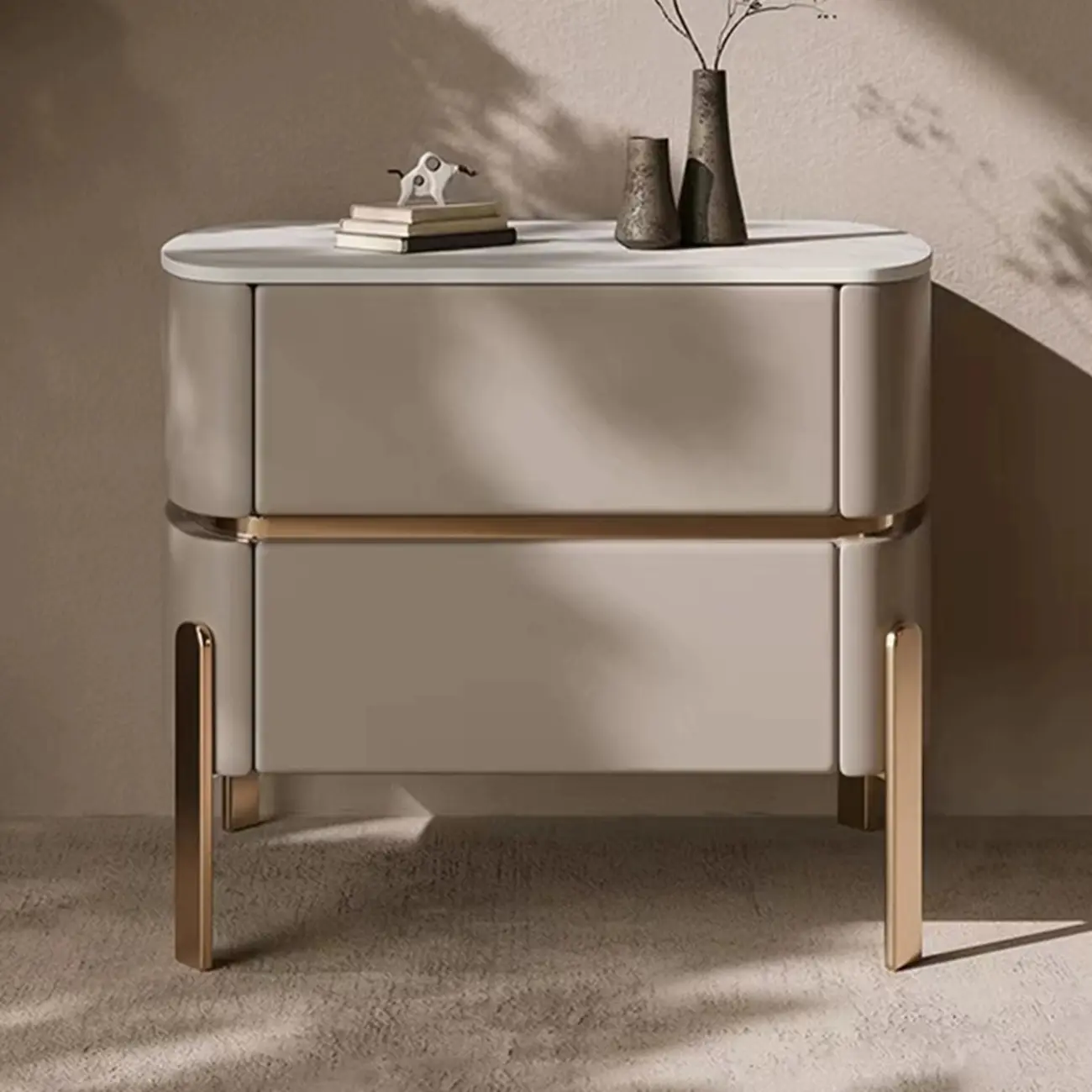 Glam Beige Leather Stone Top 2-Drawer Nightstand Image - 1 | homeyfad