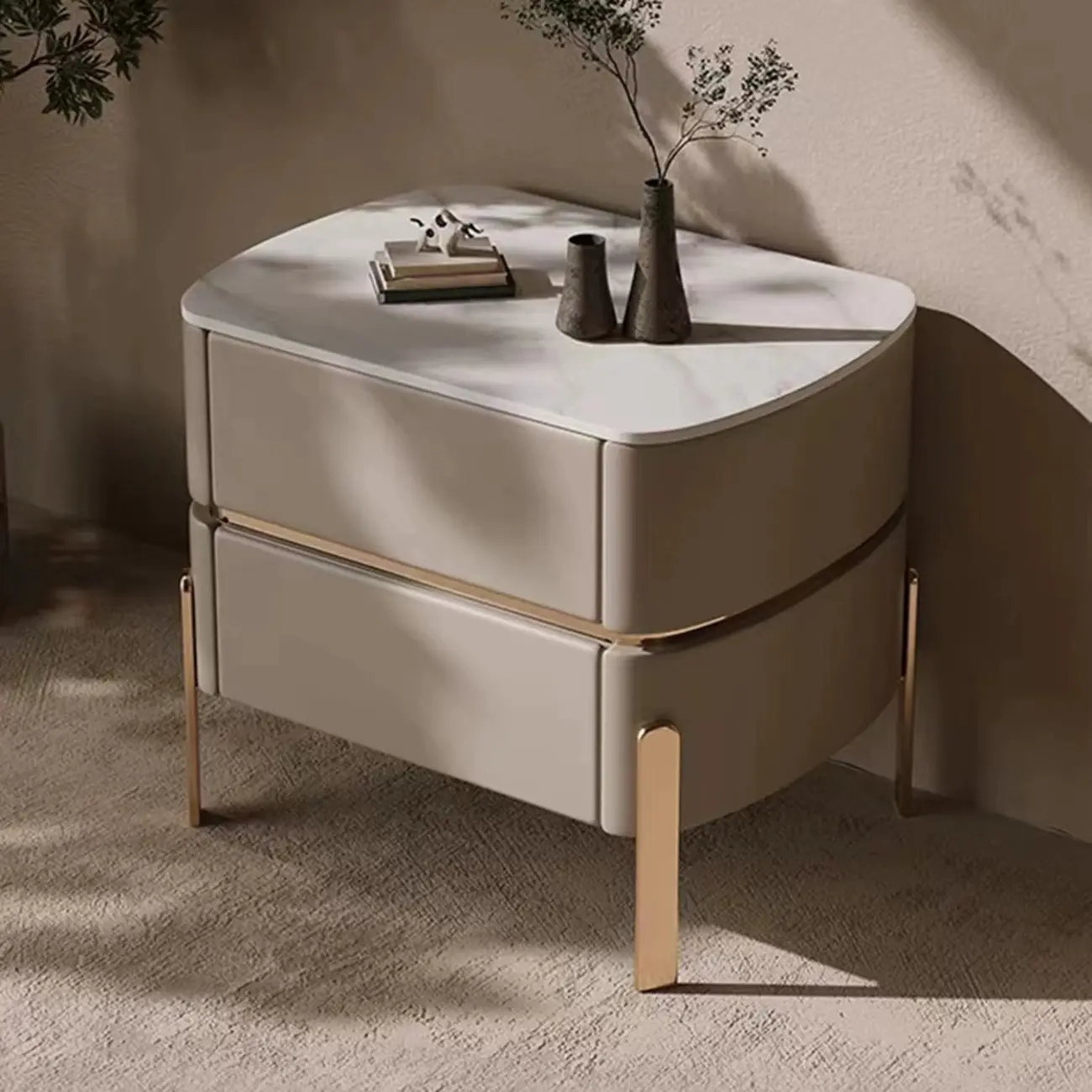 Glam Beige Leather Stone Top 2-Drawer Nightstand Image - 3 | homeyfad